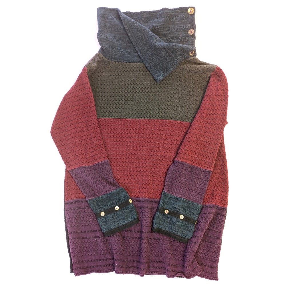 Margaret Winters Colorblock Button Cowl Neck Knit Sweater Purple Burgundy Small